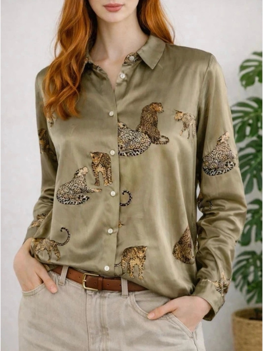 ZARA Leopard Print Animal Print Long Sleeve Olive Button Down Shirt Size S